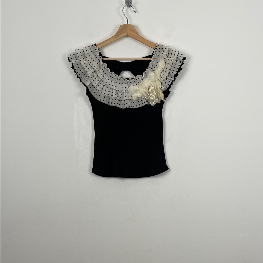 Y2K Babydoll Sleeveless Baby Fox Elegant Black and White Polka Dot Lace Trim Top